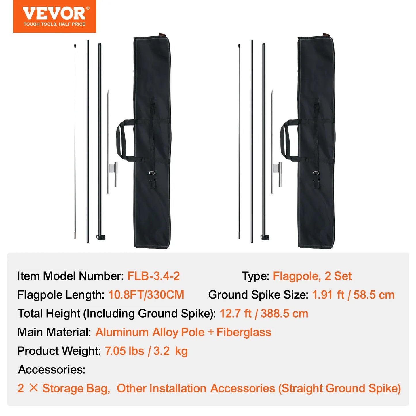 VEVOR Feather Flag Pole Kit, 2 Packs Swooper Flag Pole 12.7 ft, Sign Flag Poles for Business Advertising Flags Outdoor, with Ground Stakes and A Carrying Bag (Flag Not Included)
