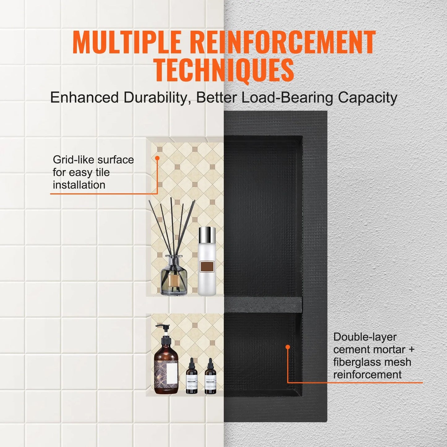 VEVOR Shower Niche Ready for Tile 16 x 24, Double Shelf Organizer, Square Corners Wall-inserted Niche Recessed, Sealed Protection Modern Soap Storage Niche for Shower Bathroom, Black