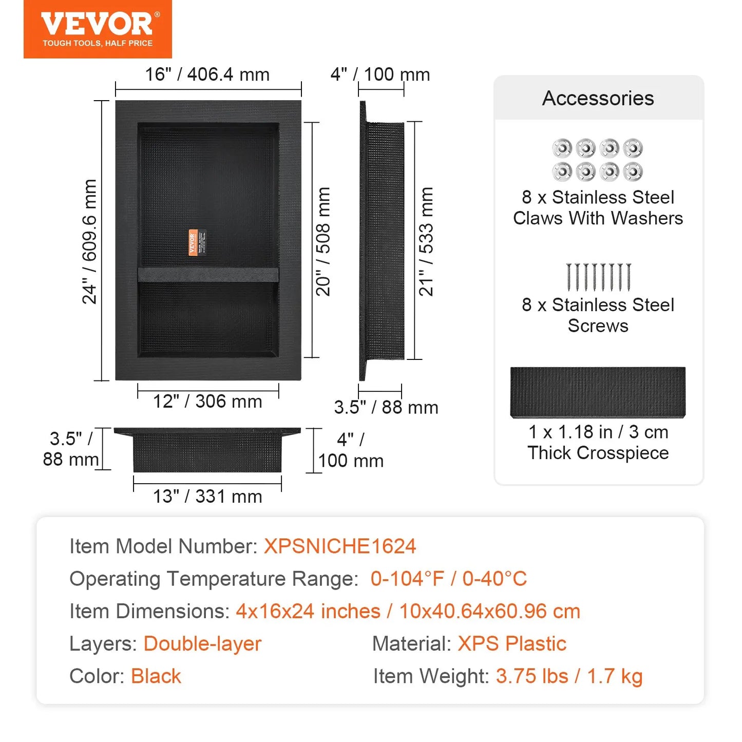 VEVOR Shower Niche Ready for Tile 16 x 24, Double Shelf Organizer, Square Corners Wall-inserted Niche Recessed, Sealed Protection Modern Soap Storage Niche for Shower Bathroom, Black