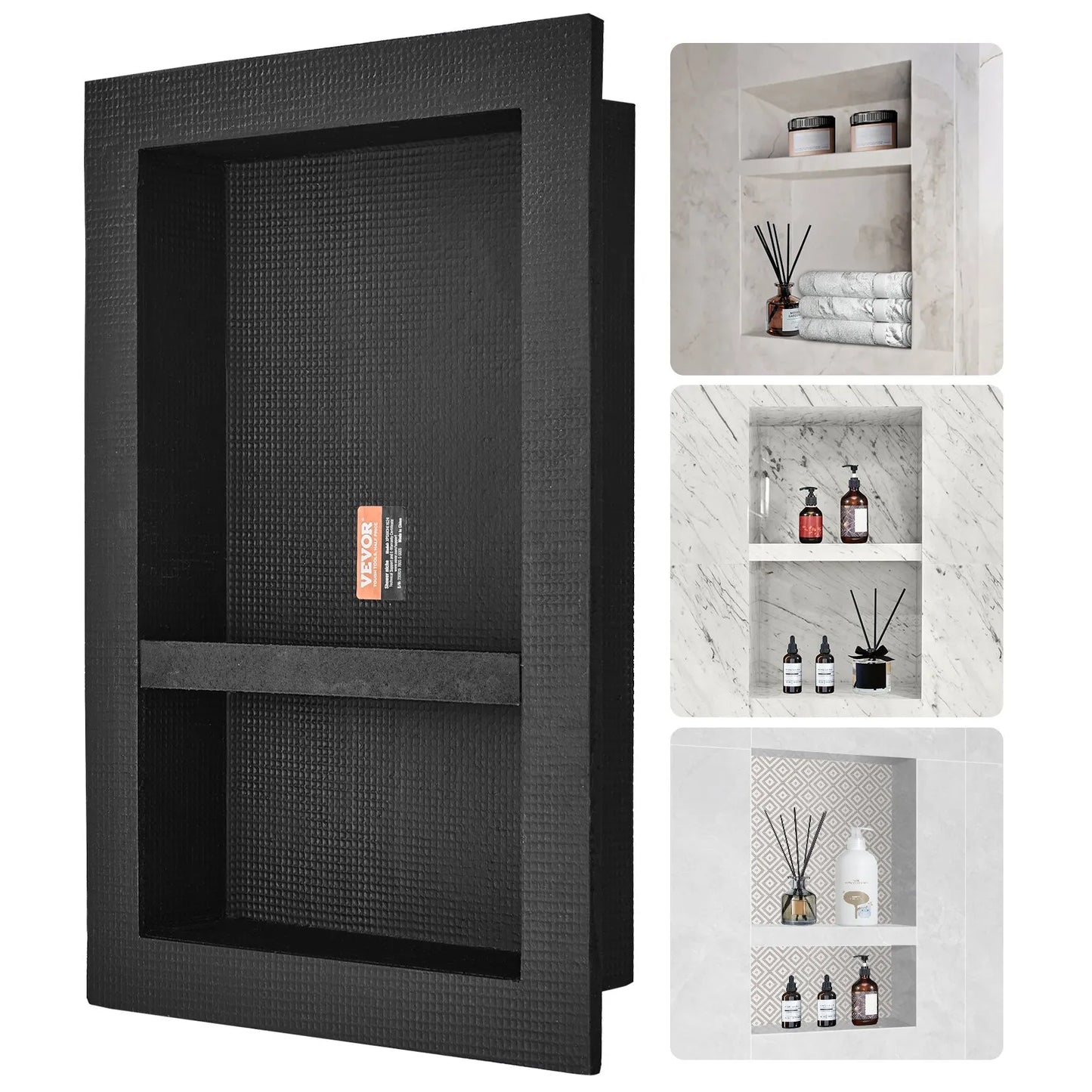 VEVOR Shower Niche Ready for Tile 16 x 24, Double Shelf Organizer, Square Corners Wall-inserted Niche Recessed, Sealed Protection Modern Soap Storage Niche for Shower Bathroom, Black