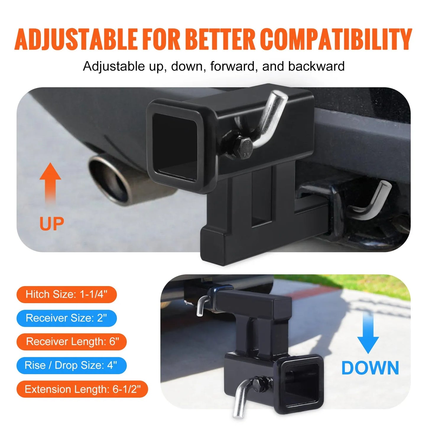 VEVOR Hitch Adapter, 1-14 to 2 Receiver Hitch Extender Extension, Trailer Hitch Riser with 4 RiseDrop, 6-12 Extension Length, 4000 lbs Towing Capacity, Hitch Pins, Bolt and Nut Included, Black