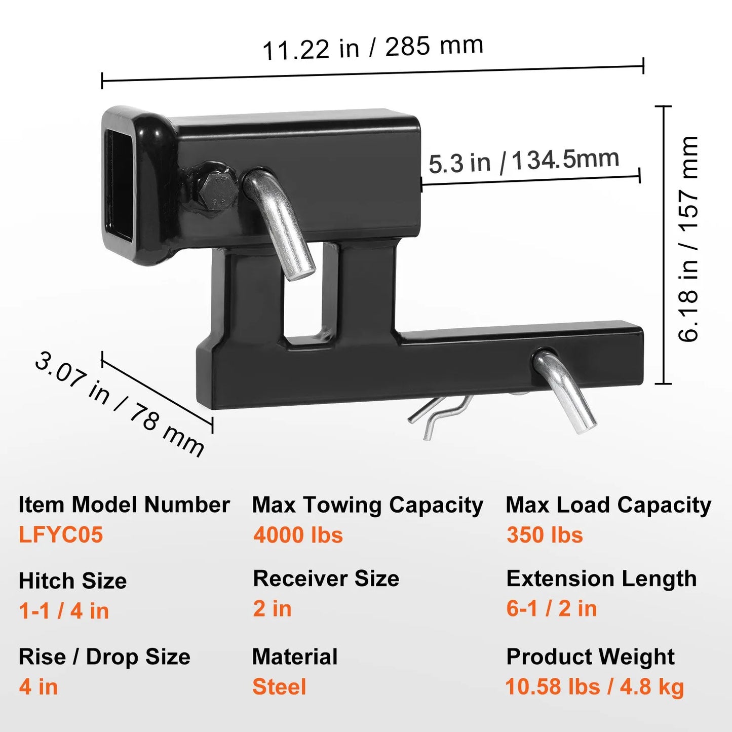 VEVOR Hitch Adapter, 1-14 to 2 Receiver Hitch Extender Extension, Trailer Hitch Riser with 4 RiseDrop, 6-12 Extension Length, 4000 lbs Towing Capacity, Hitch Pins, Bolt and Nut Included, Black