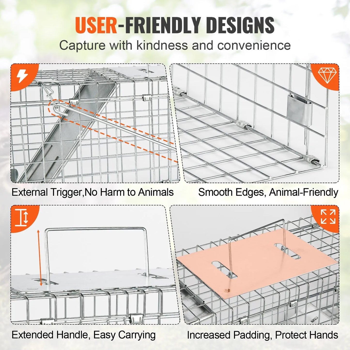 VEVOR Live Animal Cage Trap, 24 x 8 x 8 Humane Cat Trap Galvanized Iron, Folding Animal Trap with Handle for Rabbits, Stray Cats, Squirrels, Raccoons, Groundhogs and Opossums