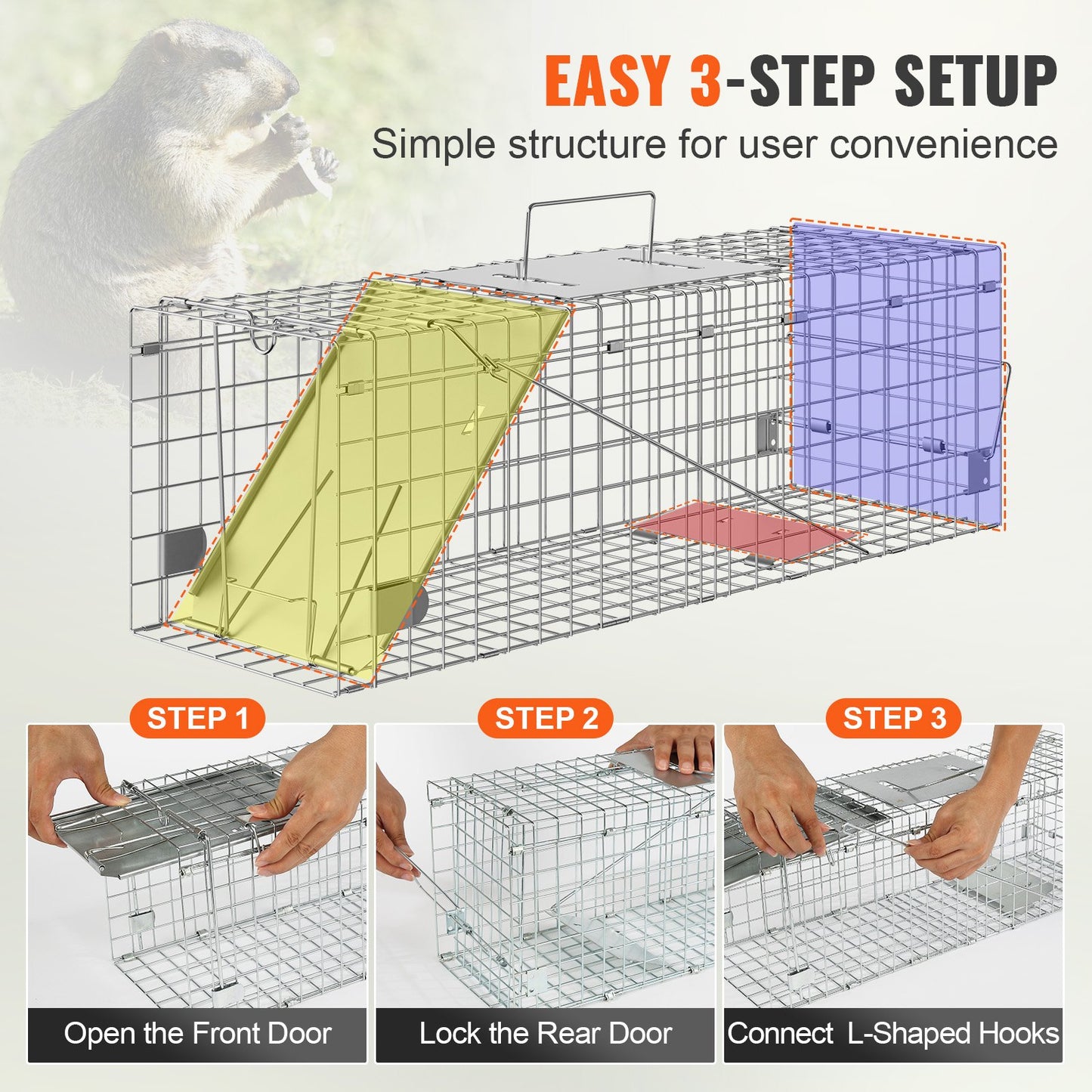 VEVOR Live Animal Cage Trap, 24 x 8 x 8 Humane Cat Trap Galvanized Iron, Folding Animal Trap with Handle for Rabbits, Stray Cats, Squirrels, Raccoons, Groundhogs and Opossums