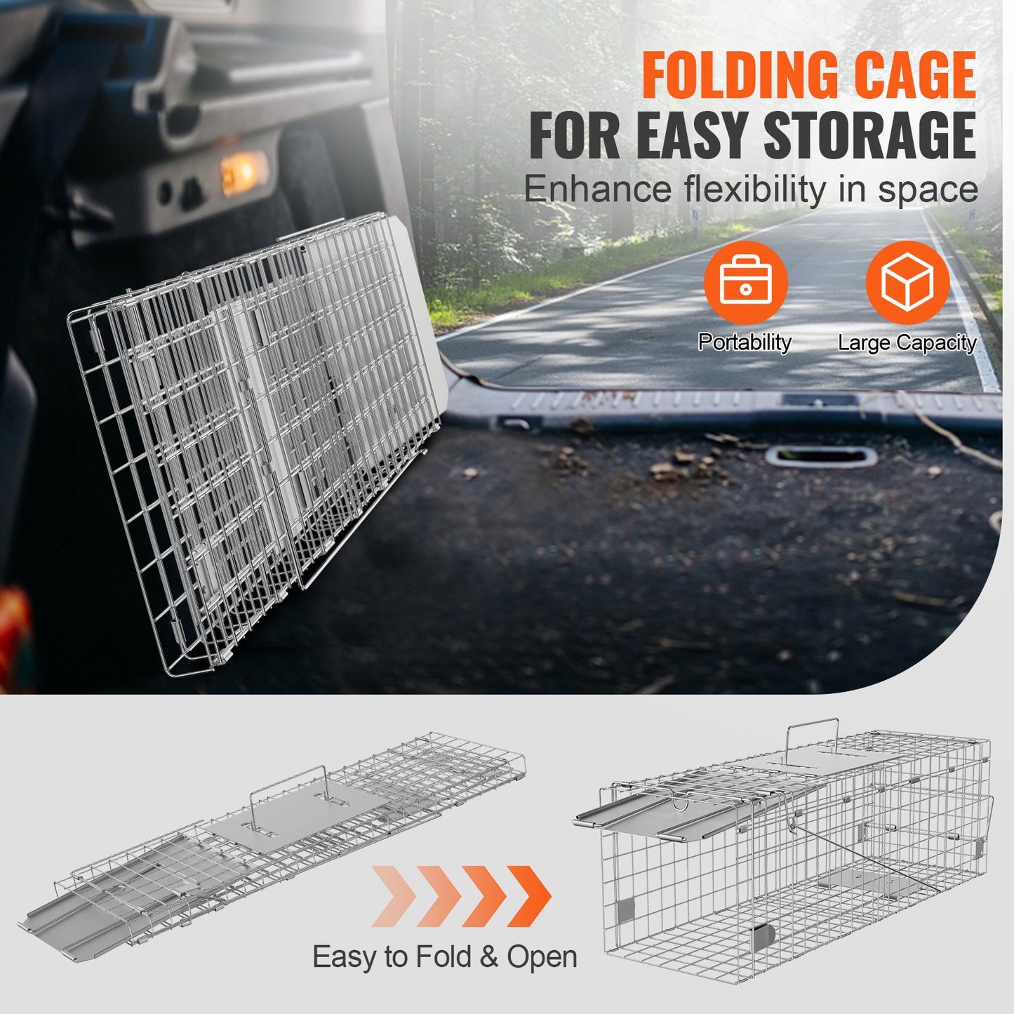 VEVOR Live Animal Cage Trap, 24 x 8 x 8 Humane Cat Trap Galvanized Iron, Folding Animal Trap with Handle for Rabbits, Stray Cats, Squirrels, Raccoons, Groundhogs and Opossums