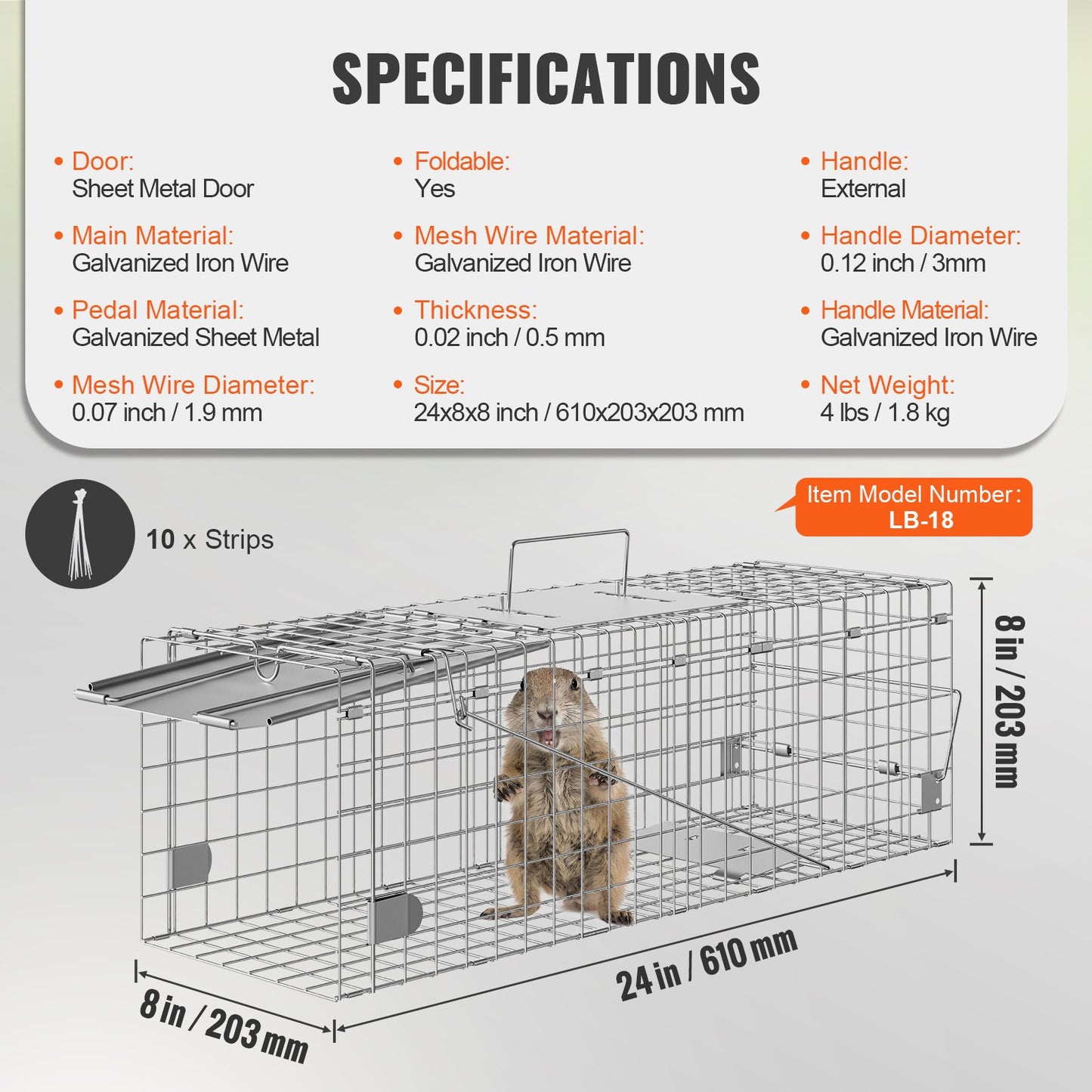 VEVOR Live Animal Cage Trap, 24 x 8 x 8 Humane Cat Trap Galvanized Iron, Folding Animal Trap with Handle for Rabbits, Stray Cats, Squirrels, Raccoons, Groundhogs and Opossums