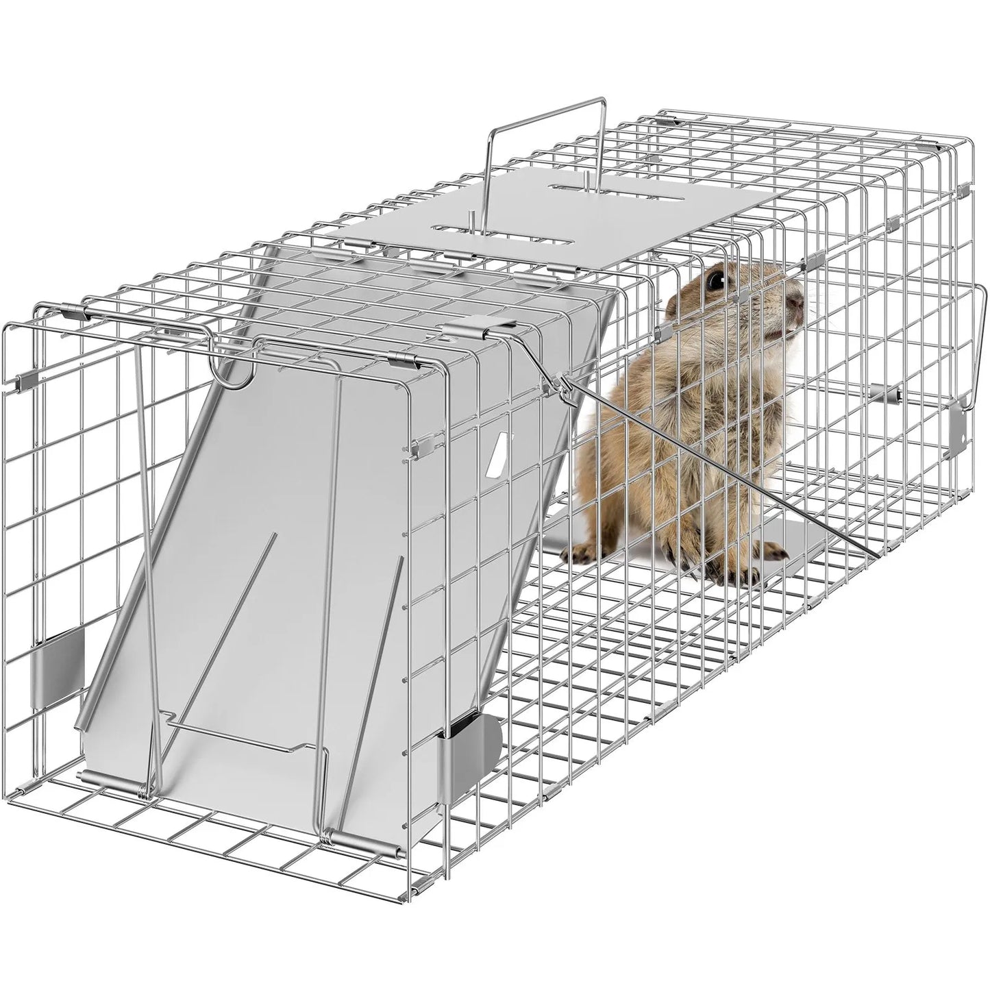 VEVOR Live Animal Cage Trap, 24 x 8 x 8 Humane Cat Trap Galvanized Iron, Folding Animal Trap with Handle for Rabbits, Stray Cats, Squirrels, Raccoons, Groundhogs and Opossums