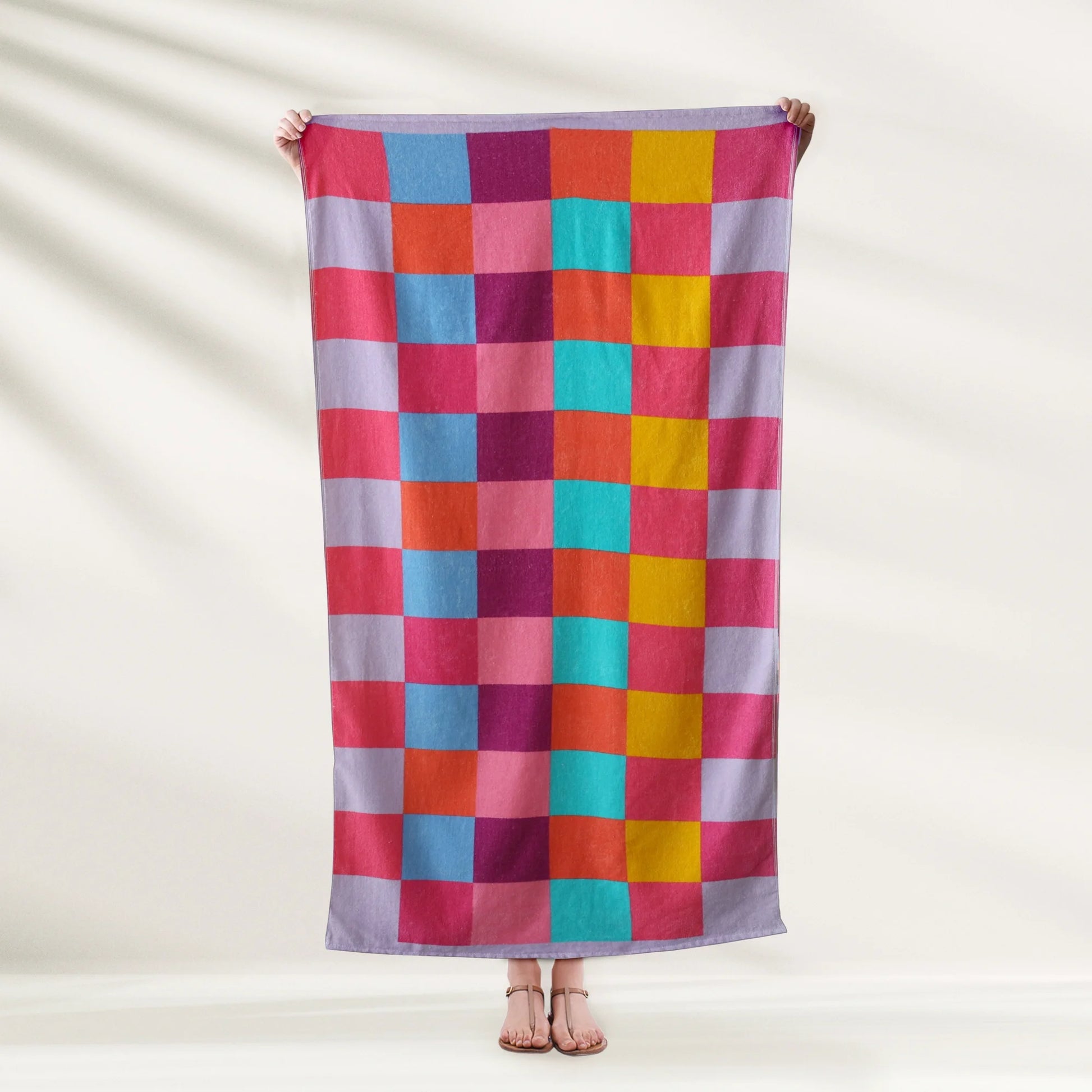 Mainstays Velour Beach Towel, Checker Warm, Multi-Color, 28x60
