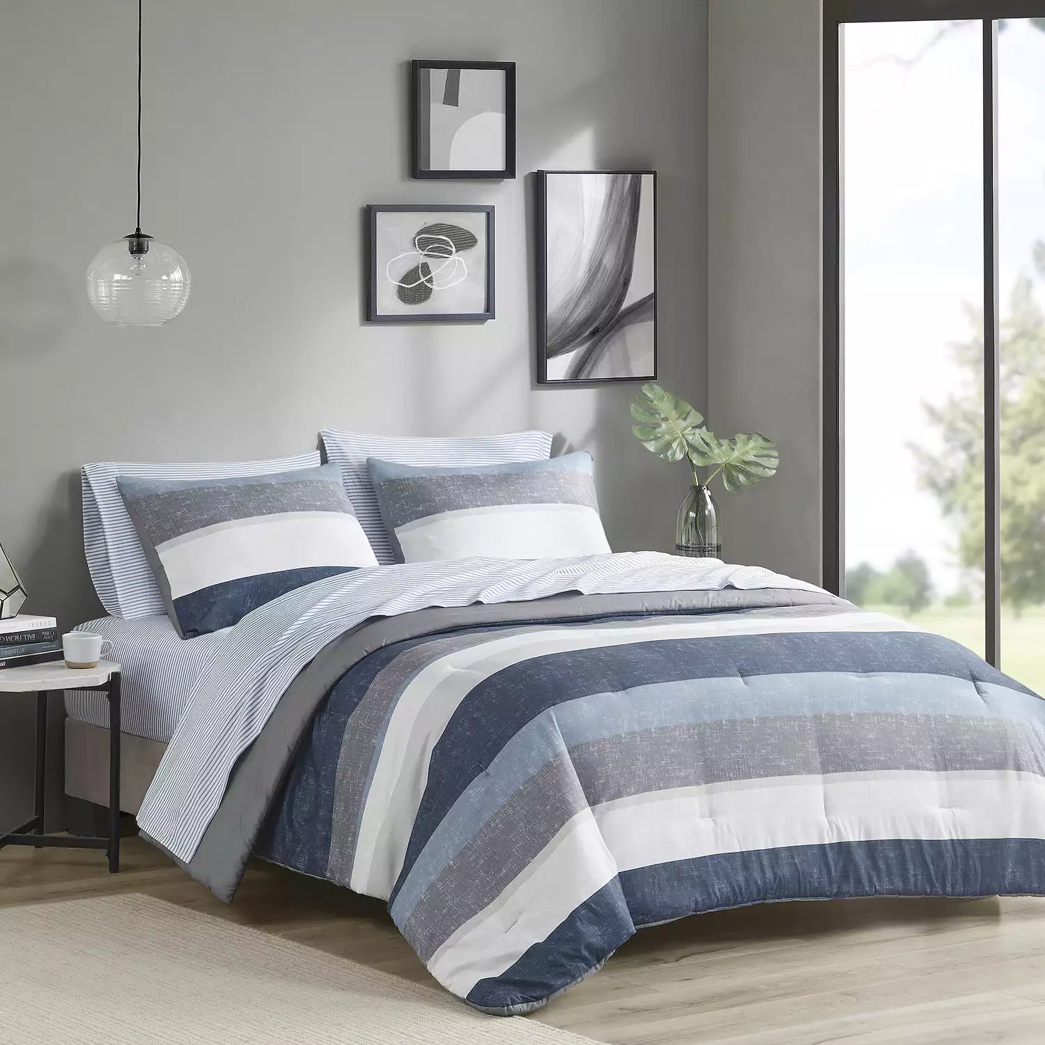 Madison Park Essentials Deacon Modern Stripe Comforter Set with Bed Sheets-King