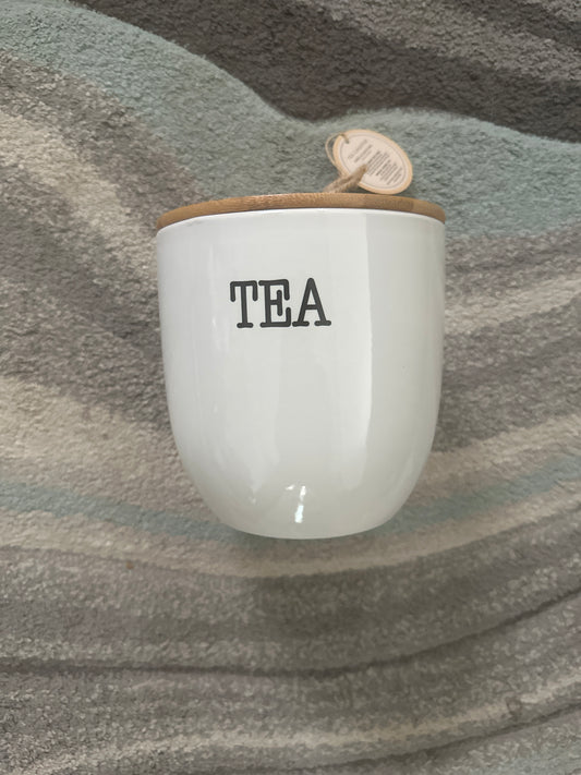 Ceramic Tea Canister Bamboo Wood Lid Off White Farmhouse Storage Prep Collection
