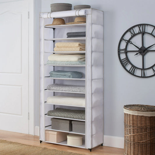 Mainstays 10 Shelf Organizer Shoe Rack with Cover to Hold 30 Pair Shoes, 31.5 in W x 13.46 in D x 69.09 in H, White