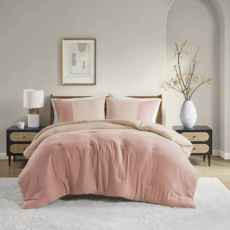 510 Design Jaden Soft Washed Color Block Comforter Set-Pink-Full/Queen