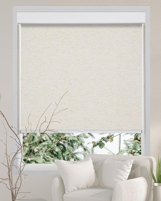 Persilux Free-Stop Cordless 100% Blackout Roller Blinds for Windows Shades with Natural Woven Fabric UV Protection Privacy Thermal Insulated Roller Shades for Windows, Bedroom, Cream 34.5" W x 64" H