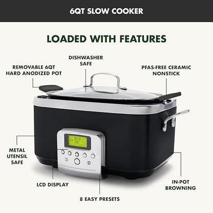 GreenPan Elite 8-in-1 Programmable 6QT Electric Slow Cooker, Dishwasher Safe Lid & Removable Crock, PFAS-Free Healthy Ceramic Nonstick Multi-Cooker, Sear, Sauté, Brown, Steam Basket, Roast, Black