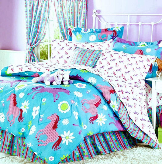 Girls Turquoise Blue & Pink Pony Horse Comforter Set (Bed in a Bag) (Queen Size)