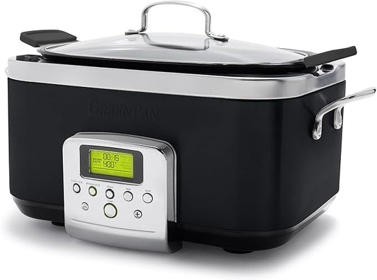 GreenPan Elite 8-in-1 Programmable 6QT Electric Slow Cooker, Dishwasher Safe Lid & Removable Crock, PFAS-Free Healthy Ceramic Nonstick Multi-Cooker, Sear, Sauté, Brown, Steam Basket, Roast, Black