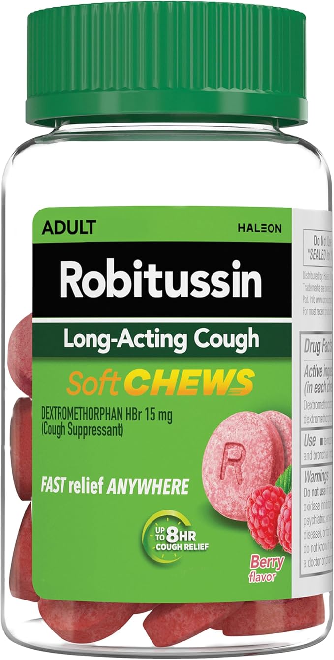 Robitussin Soft Chews, Long-Acting Cough Relief, Adult Formula, Berry Flavor, 20ct Chewable Tablets