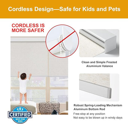 Persilux Free-Stop Cordless 100% Blackout Roller Blinds for Windows Shades with Natural Woven Fabric UV Protection Privacy Thermal Insulated Roller Shades for Windows, Bedroom, Cream 34.5" W x 64" H
