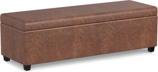 Avalon 54 in. Rectangle Extra Large Storage Ottoman Bench in Distressed Saddle Brown Vegan Faux Leather, Assembled