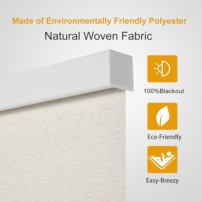 Persilux Free-Stop Cordless 100% Blackout Roller Blinds for Windows Shades with Natural Woven Fabric UV Protection Privacy Thermal Insulated Roller Shades for Windows, Bedroom, Cream 34.5" W x 64" H