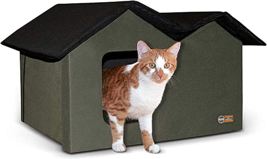 K&H Pet Products Extra-Wide Outdoor Cat House for Outside Pets, Weatherproof Outdoor House for Large Cats, Insulated Kitty Shelter, 2 Doors, Waterproof Removable Floor Pad, Unheated - Olive