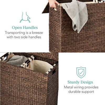 Best Choice Products Large Natural Water Hyacinth Double Laundry Hamper Basket w/ 2 Liner Bags Handles