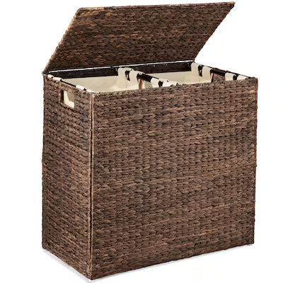 Best Choice Products Large Natural Water Hyacinth Double Laundry Hamper Basket w/ 2 Liner Bags Handles