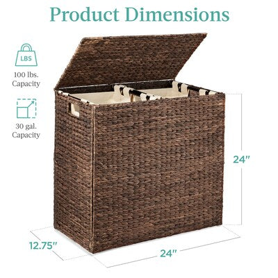 Best Choice Products Large Natural Water Hyacinth Double Laundry Hamper Basket w/ 2 Liner Bags Handles
