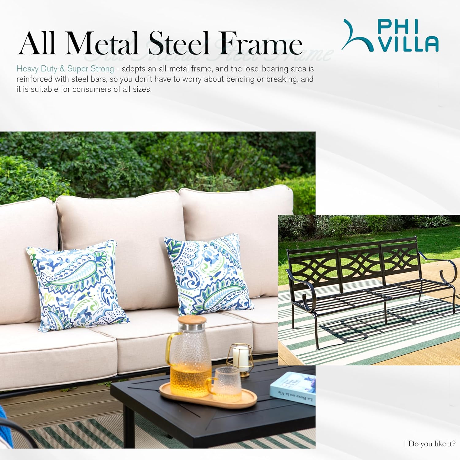 PHI VILLA Black Stationary Arm Metal Outdoor Dining Chair with Beige Cushions (2-Pack)