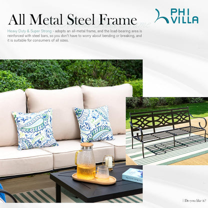 PHI VILLA Black Stationary Arm Metal Outdoor Dining Chair with Beige Cushions (2-Pack)