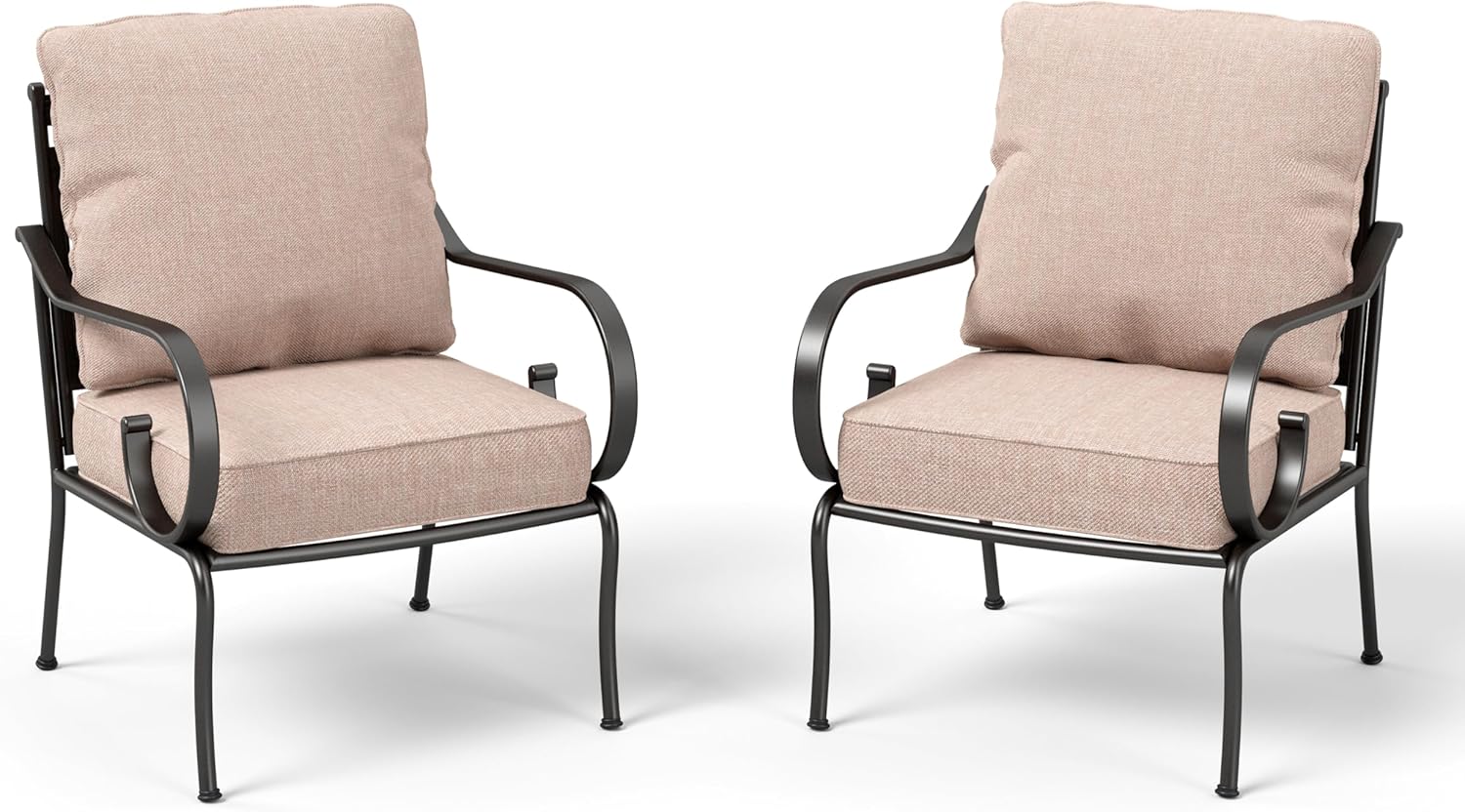 PHI VILLA Black Stationary Arm Metal Outdoor Dining Chair with Beige Cushions (2-Pack)