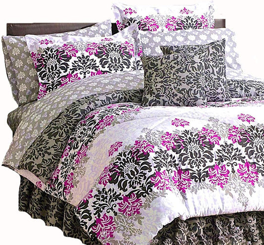 Pink Gray White French Damask Arabesque Comforter Set Twin Size(Bed in A Bag)