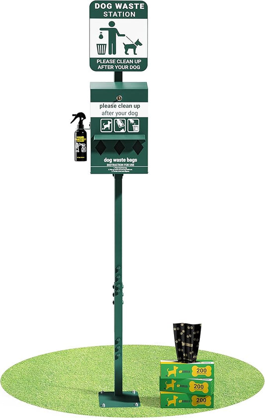 Mini Pet Waste Station - Includes 600 Dog Poop Bags - Original Glow in the Dark Dog Waste Station and Dog Poop Sign, Triple Storage Dog Poop Bag Dispenser with Hand Sanitizer Bottle
