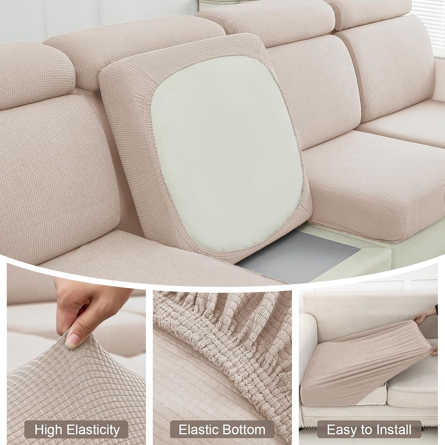 Waterproof Couch Cushion Covers, Washable Sofa Cushion Covers, Stretch Sofa Slipcovers, Thick Jacquard Fabric, Couch Sofa Covers for Pets Furniture Protector(3 Seaters + 1 Chaise, Beige)
