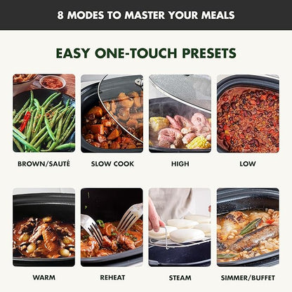 GreenPan Elite 8-in-1 Programmable 6QT Electric Slow Cooker, Dishwasher Safe Lid & Removable Crock, PFAS-Free Healthy Ceramic Nonstick Multi-Cooker, Sear, Sauté, Brown, Steam Basket, Roast, Black