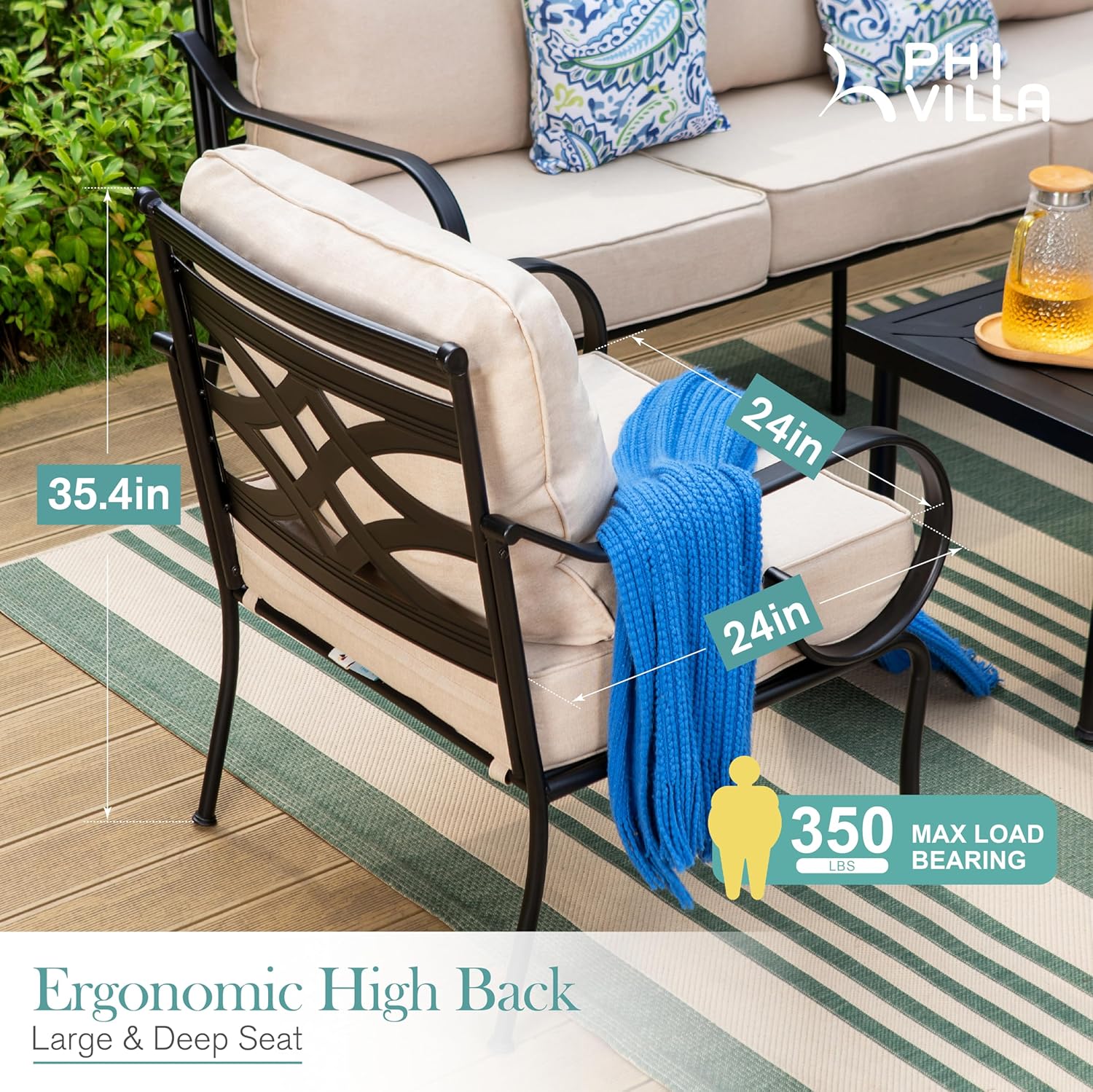 PHI VILLA Black Stationary Arm Metal Outdoor Dining Chair with Beige Cushions (2-Pack)