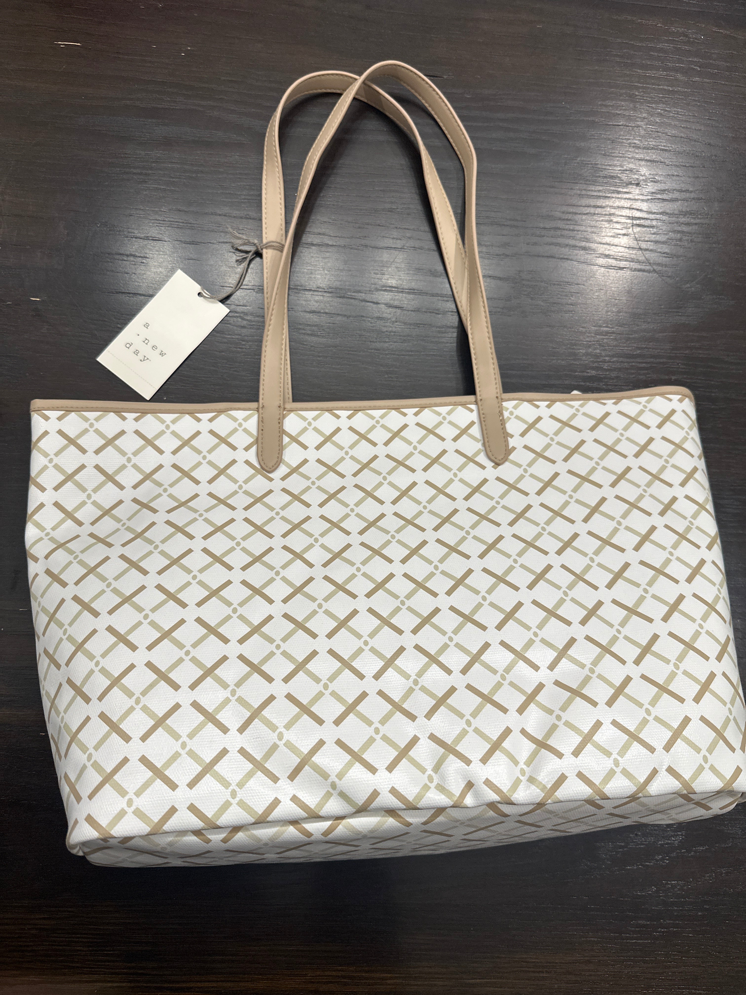 A New Day Monogram Tote Bag with Detachable Crossbody Strap White/Tan