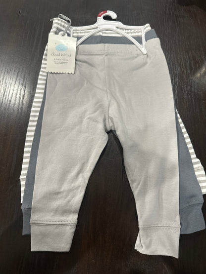 Cloud Island Baby Pants 3-Pack Gray & Stripe Cotton Pull-On Pants