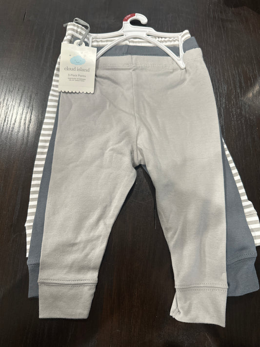 Cloud Island Baby Pants 3-Pack Gray & Stripe Cotton Pull-On Pants