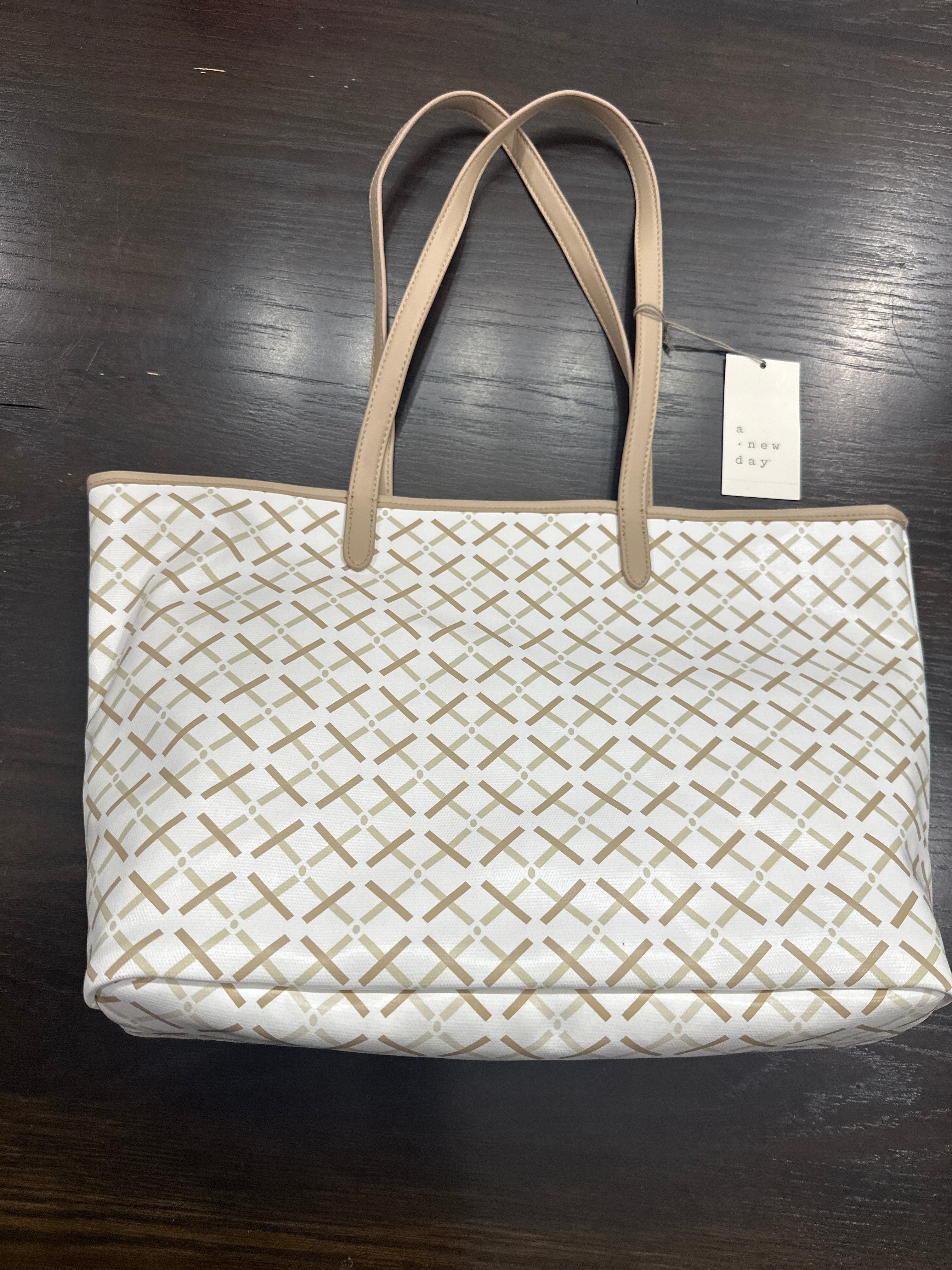 A New Day Monogram Tote Bag with Detachable Crossbody Strap White/Tan