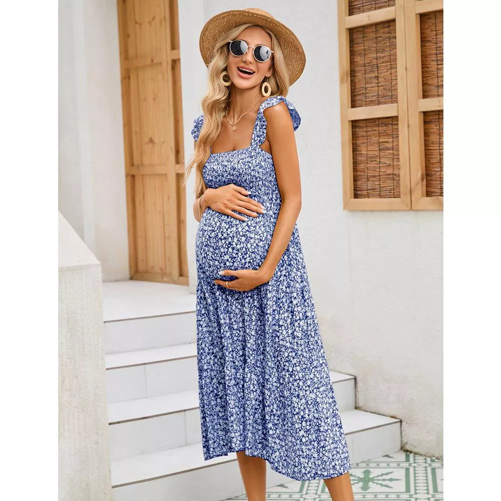 Womens Maternity Dress Summer Sleeveless Smocked Square Neck Ruffle Casual Boho Midi Dress Baby Shower Photoshoot