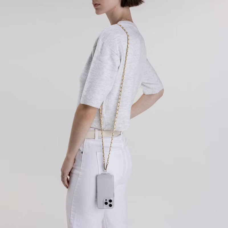 Hello Lux Phone Crossbody Strap – Golden Chain with Beige Faux Leather
