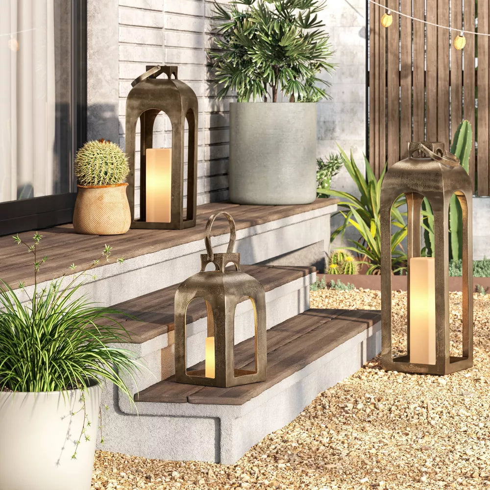 Pillar Cast Aluminum Lantern Candle Holders Gold - Threshold