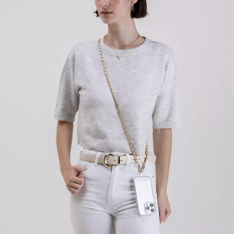Hello Lux Phone Crossbody Strap – Golden Chain with Beige Faux Leather