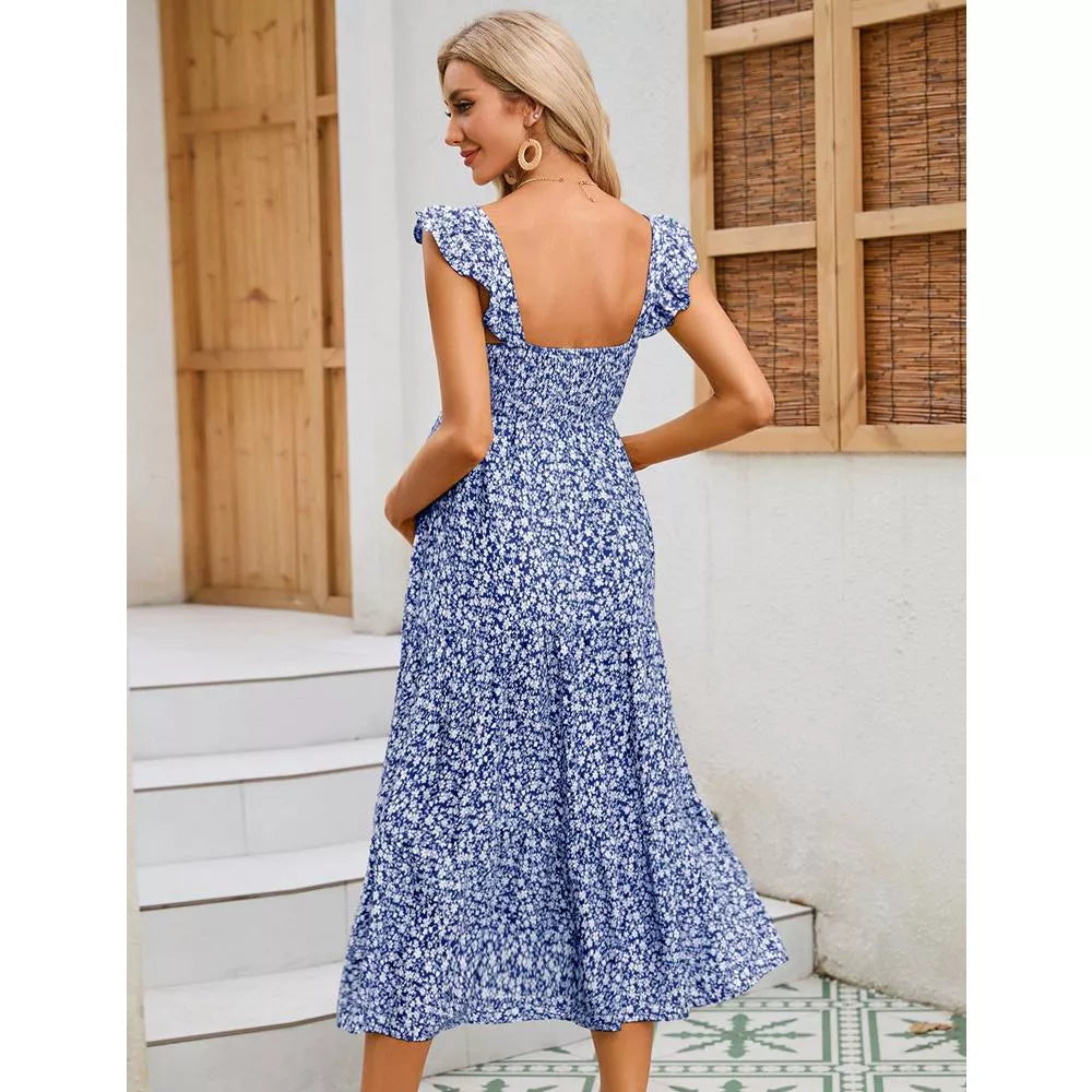Womens Maternity Dress Summer Sleeveless Smocked Square Neck Ruffle Casual Boho Midi Dress Baby Shower Photoshoot