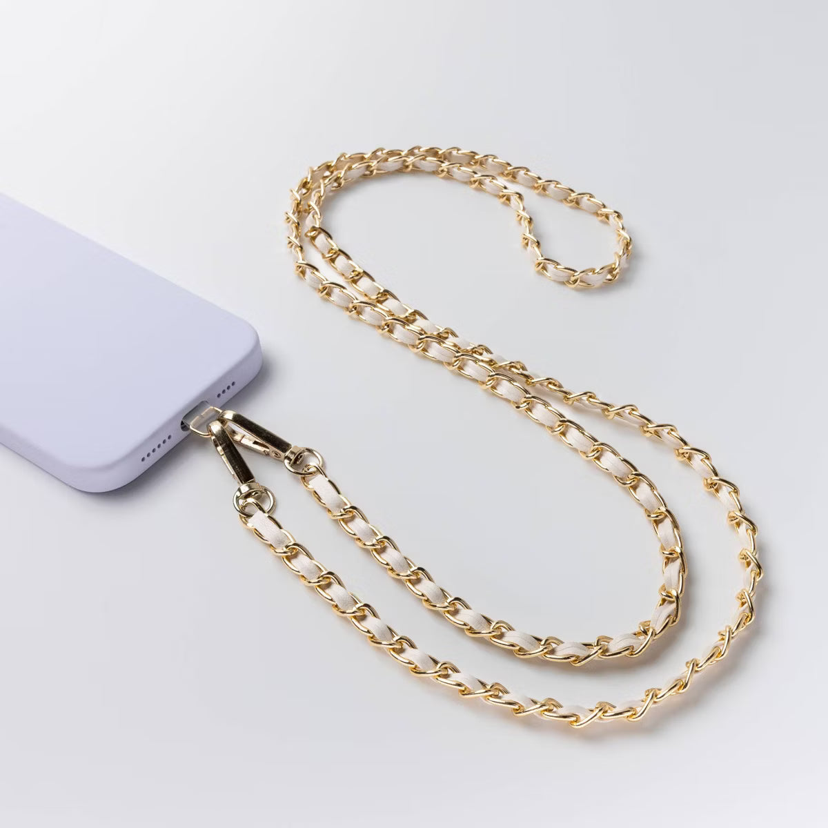 Hello Lux Phone Crossbody Strap – Golden Chain with Beige Faux Leather