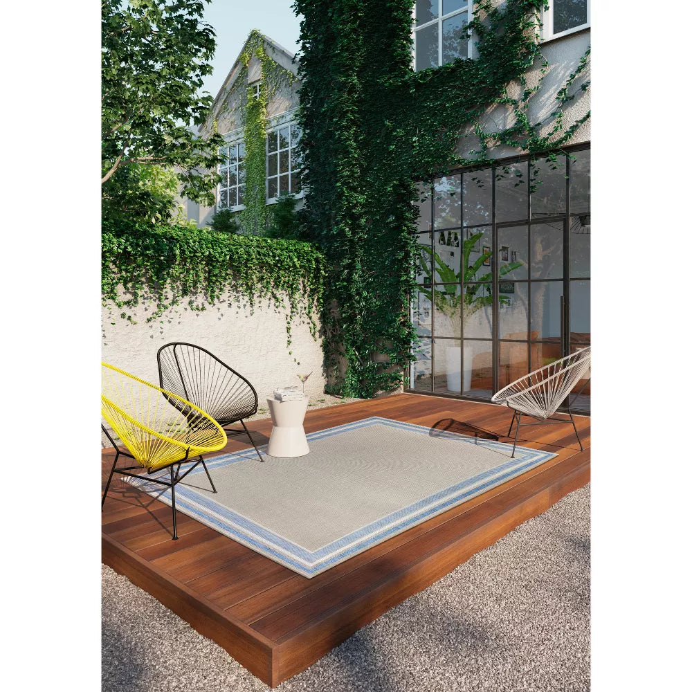 9'2"x12' Tonal Border Outdoor Rug Blue - Threshold™: Stain-Resistant, Woven Polypropylene