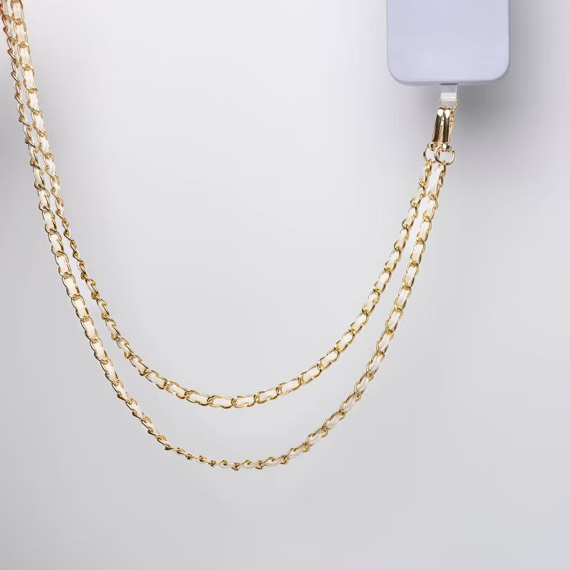 Hello Lux Phone Crossbody Strap – Golden Chain with Beige Faux Leather