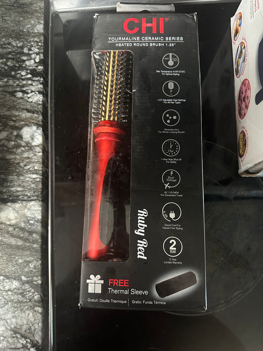 CHI Tourmaline Ceramic Series Heated Round Brush, Reduces Frizz & Adds Shine To Hair, Adjustable Temperature & Automatic Shut-Off, 1.25" Barrel, Ruby Red