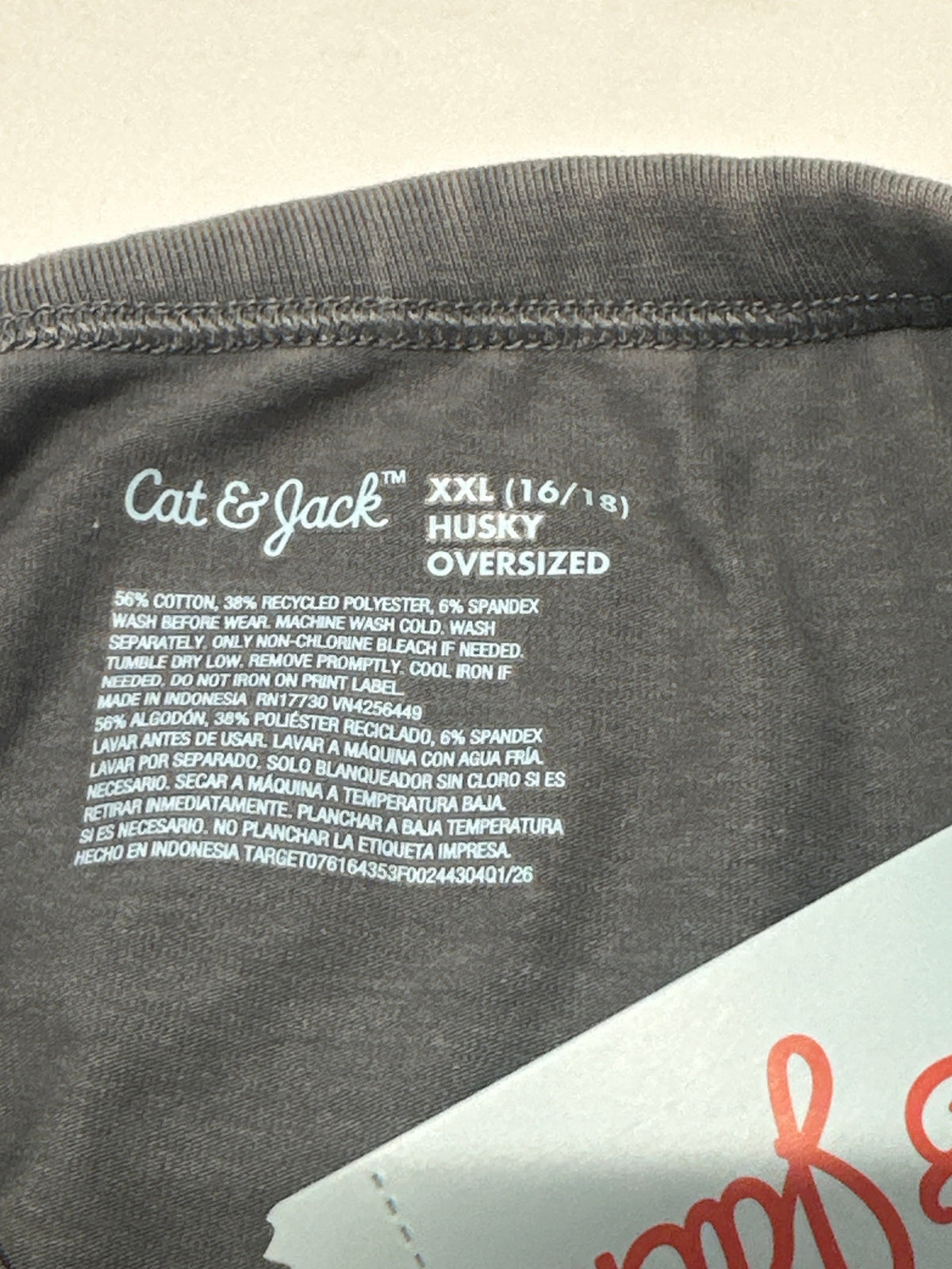 Cat & Jack boys charcoal T-shirt material and care label